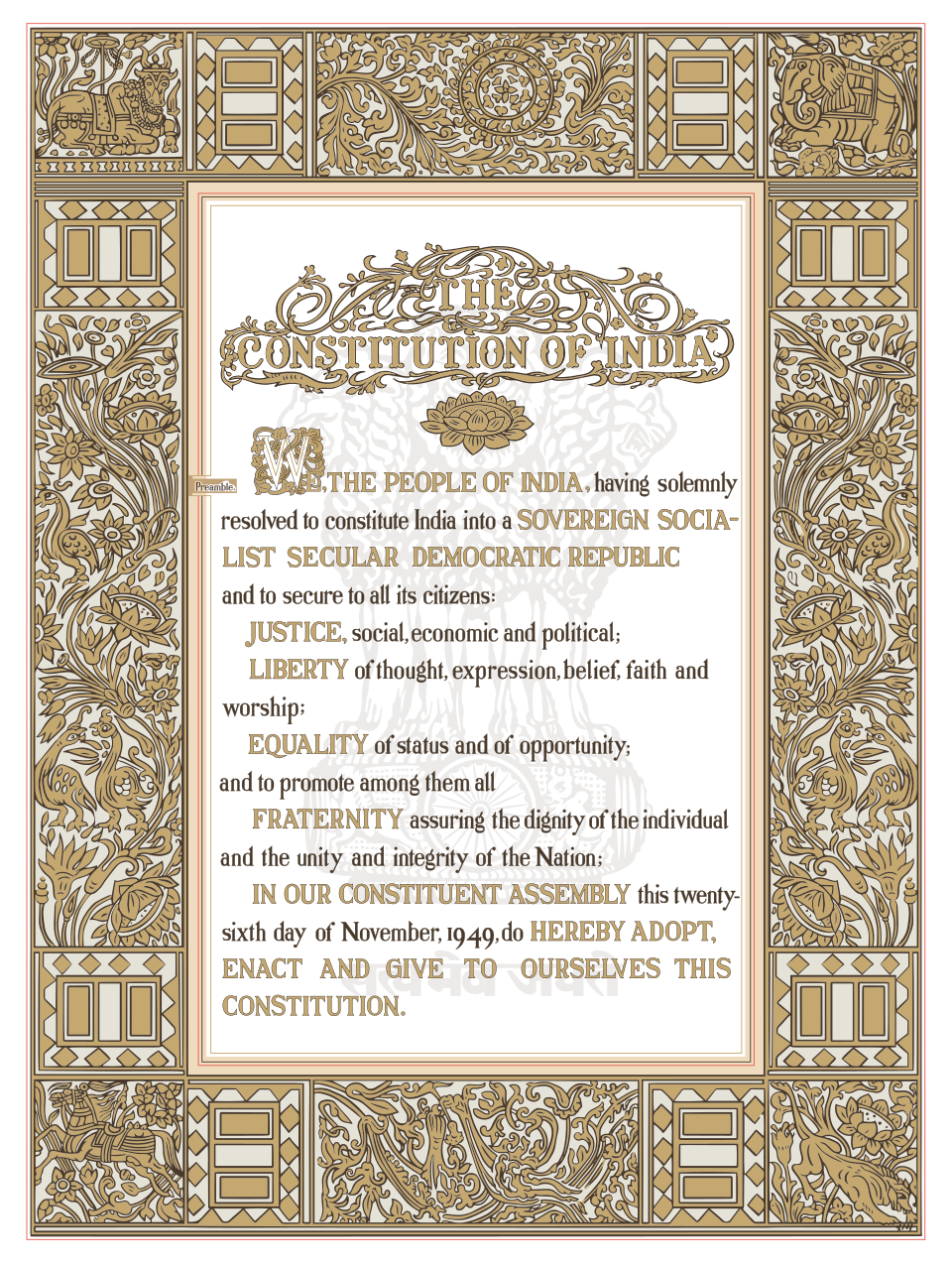 The illuminated Preamble page of the original Constitution of India, decorated by Beohar Rammanohar Sinha